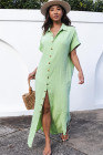 Crinkled Buttons Maxi Beach Dress with Slits Swimear Coverups
