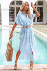 Crinkled Buttons Maxi Beach Dress with Slits Swimear Coverups
