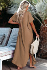 Crinkled Buttons Maxi Beach Dress with Slits Swimear Coverups