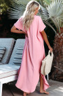 Crinkled Buttons Maxi Beach Dress with Slits Swimear Coverups