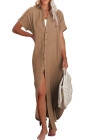 Crinkled Buttons Maxi Beach Dress with Slits Swimear Coverups