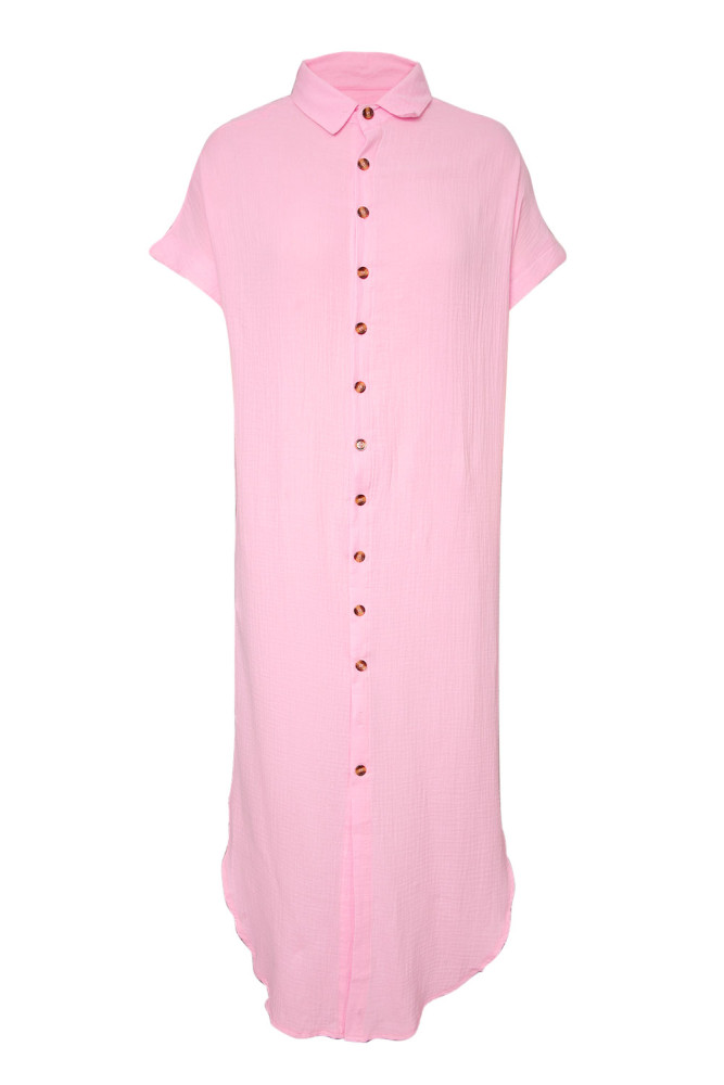 Crinkled Buttons Maxi Beach Dress with Slits Swimear Coverups