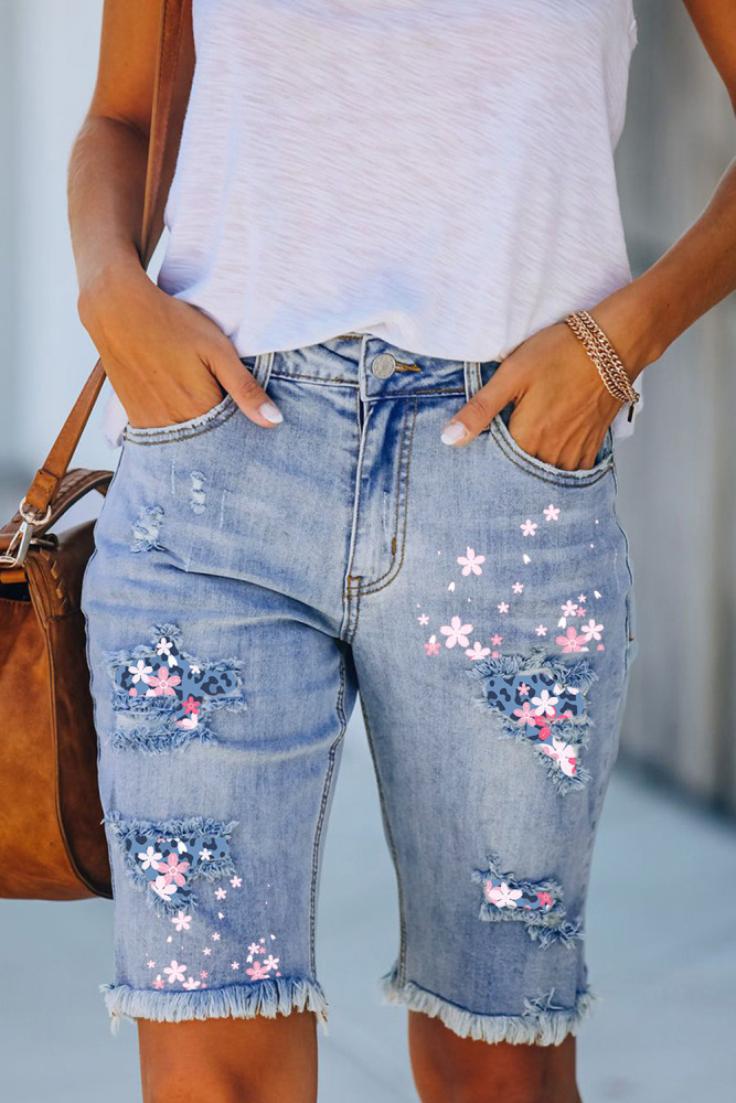 Flower Leopard Bermuda Shorts Denim Distressed Jeans