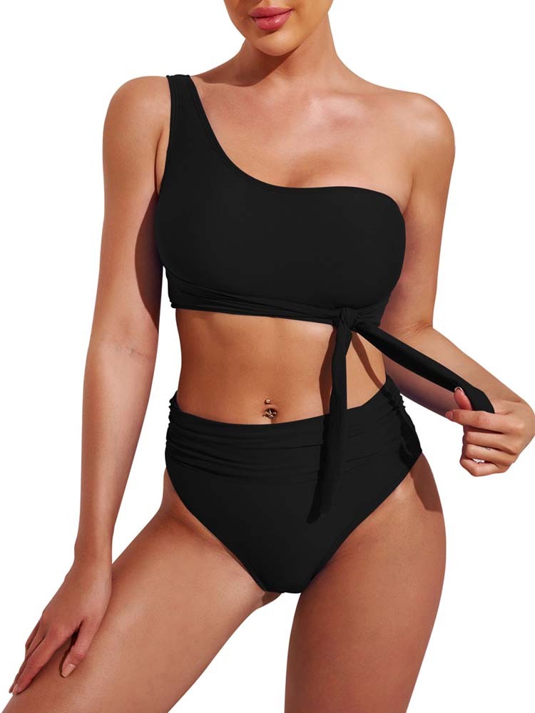 One Shoulder High Cut 2 Piece Bikini Set Bathing Suit