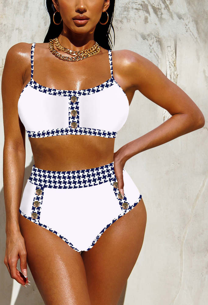 Women's 2 Piece Bikini Set Color Block High Waist Swimsuits With Button