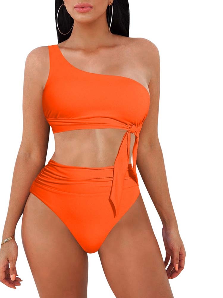 One Shoulder High Cut 2 Piece Bikini Set Bathing Suit