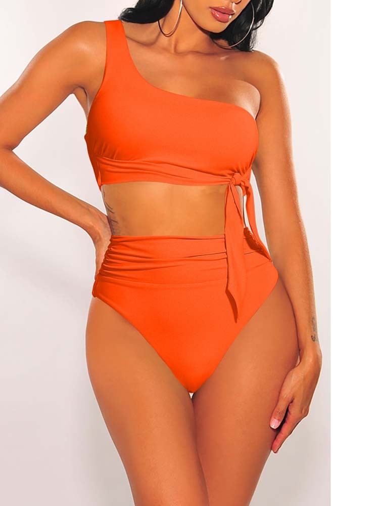 One Shoulder High Cut 2 Piece Bikini Set Bathing Suit