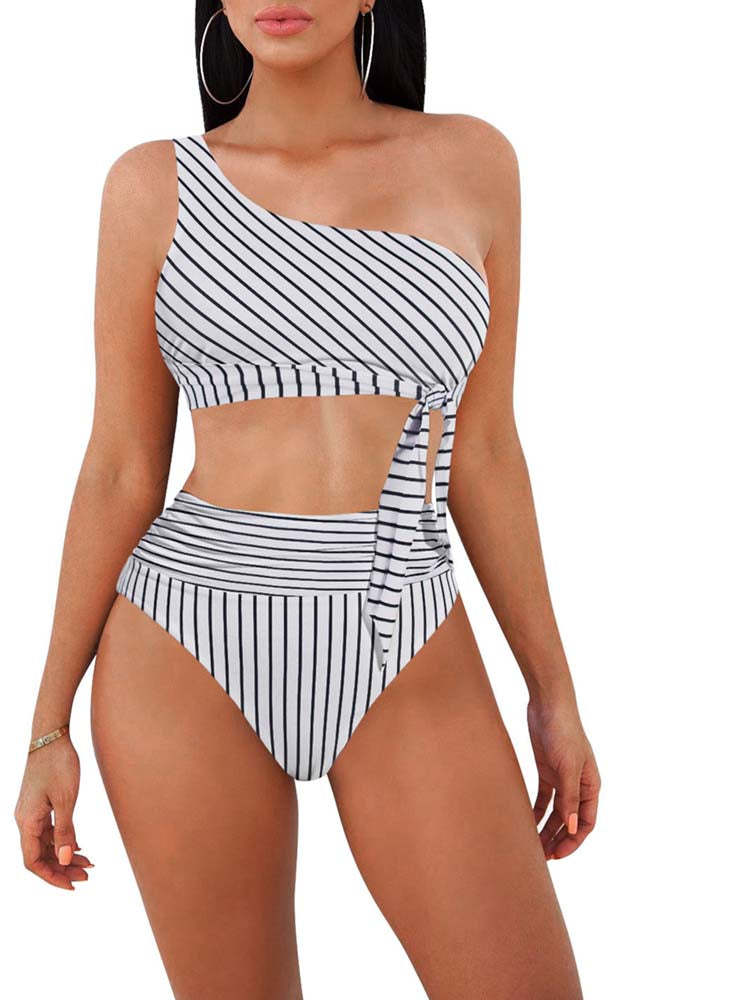 One Shoulder High Cut 2 Piece Bikini Set Bathing Suit