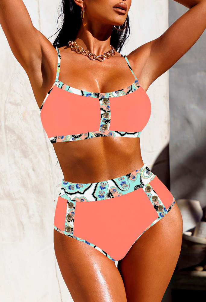 Women's 2 Piece Bikini Set Color Block High Waist Swimsuits With Button