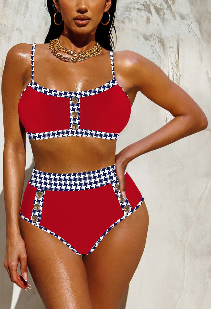 Women's 2 Piece Bikini Set Color Block High Waist Swimsuits With Button