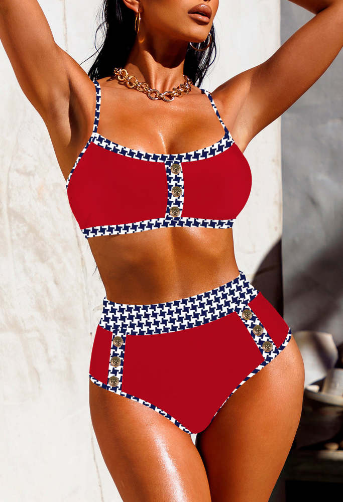 Women's 2 Piece Bikini Set Color Block High Waist Swimsuits With Button