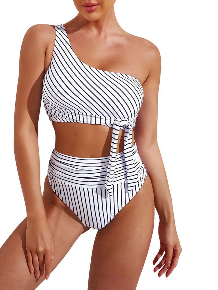 One Shoulder High Cut 2 Piece Bikini Set Bathing Suit