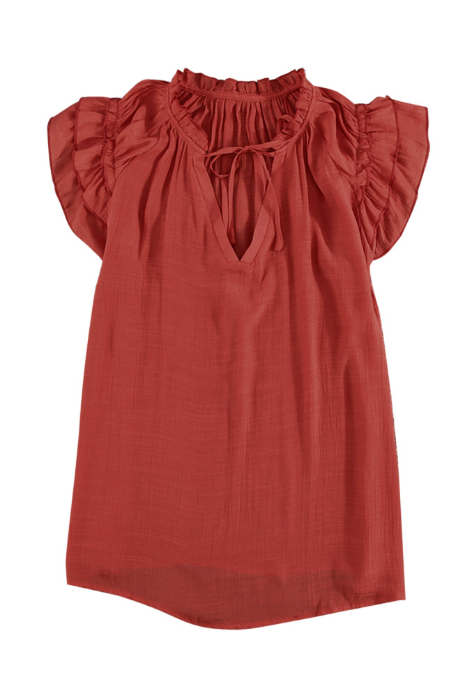 Ladies Tiered Ruffled Drawstring V Neck Blouse Top