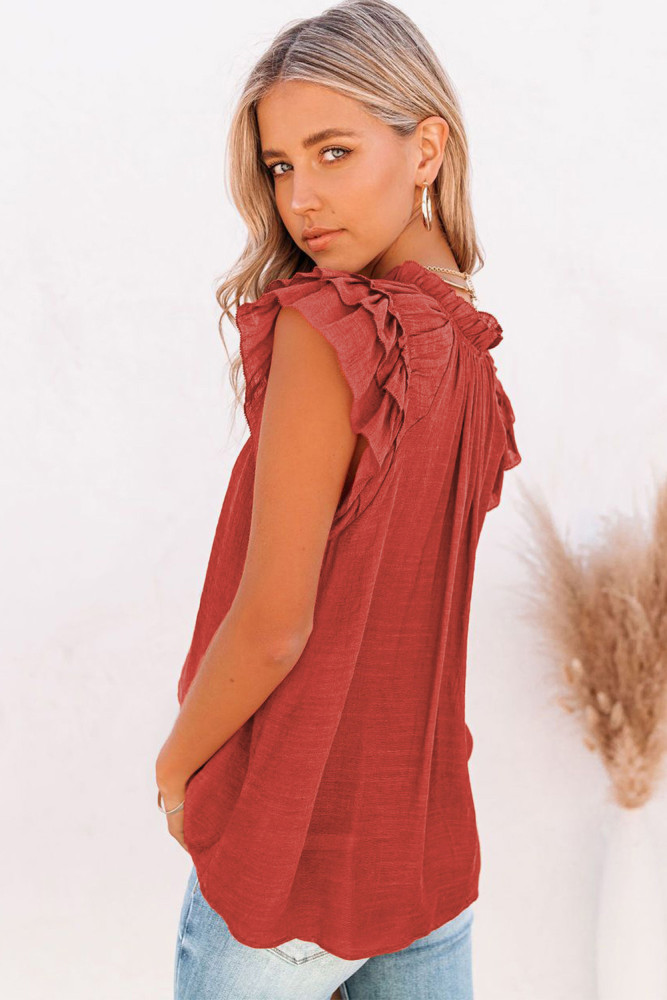 Ladies Tiered Ruffled Drawstring V Neck Blouse Top