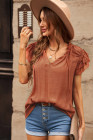 Ladies Tiered Ruffled Drawstring V Neck Blouse Top