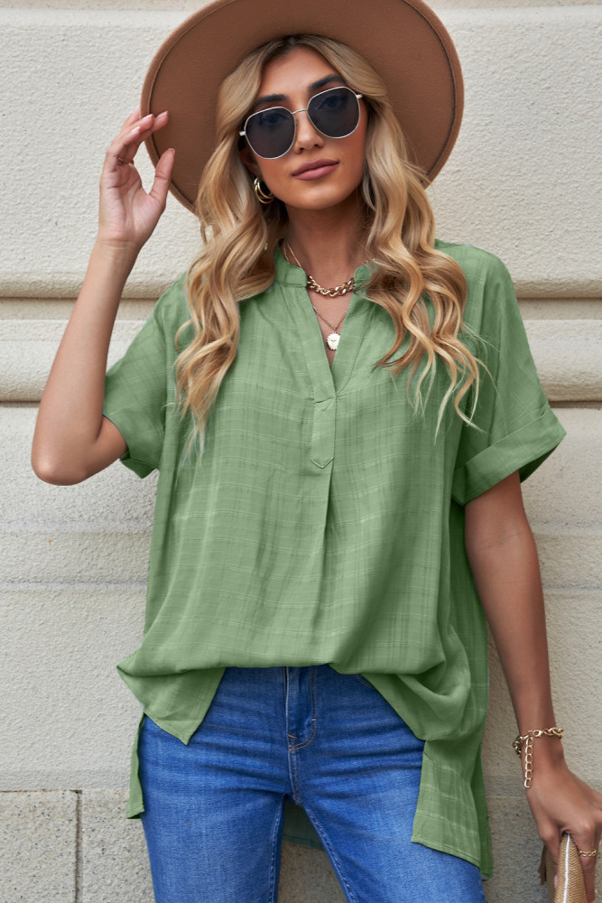 Striped Plaid Print Loose V Neck Short Sleeve Shirt with Slits