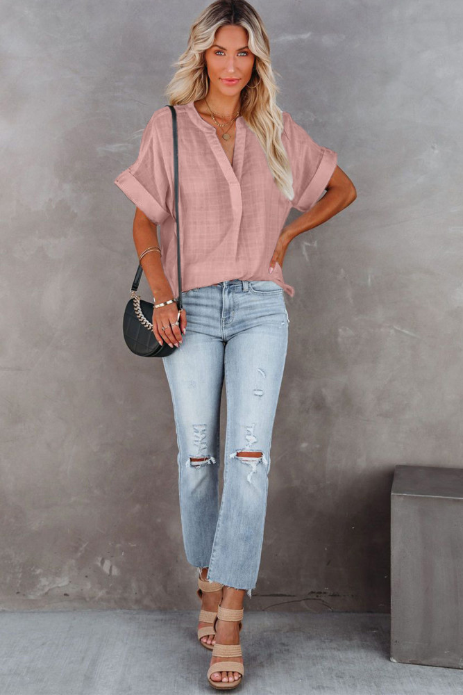 Striped Plaid Print Loose V Neck Short Sleeve Shirt with Slits