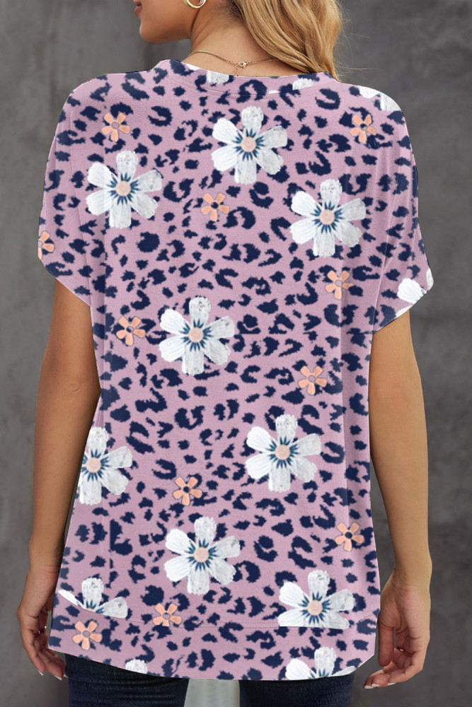 Floral T-shirt Womens Leopard Pattern Tee Tops