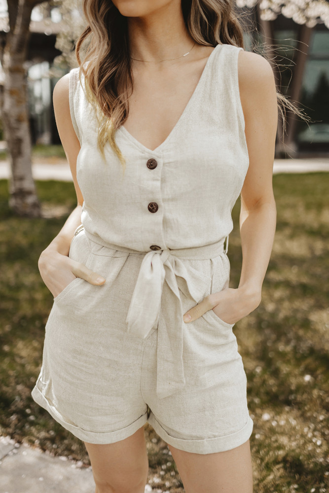 Women's V Neck Jumpsuits Sleeveless Romper Button Short Jumpsuit