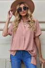 Striped Plaid Print Loose V Neck Short Sleeve Shirt with Slits