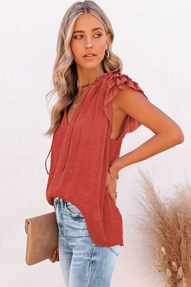 Ladies Tiered Ruffled Drawstring V Neck Blouse Top