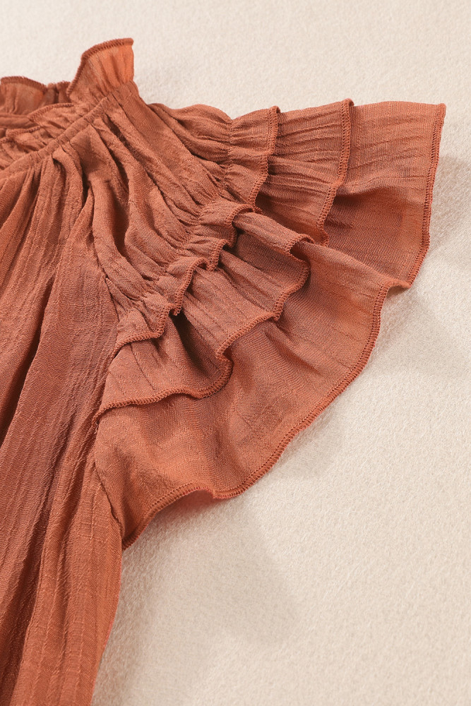 Ladies Tiered Ruffled Drawstring V Neck Blouse Top