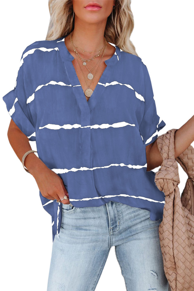 Striped Plaid Print Loose V Neck Short Sleeve Shirt with Slits