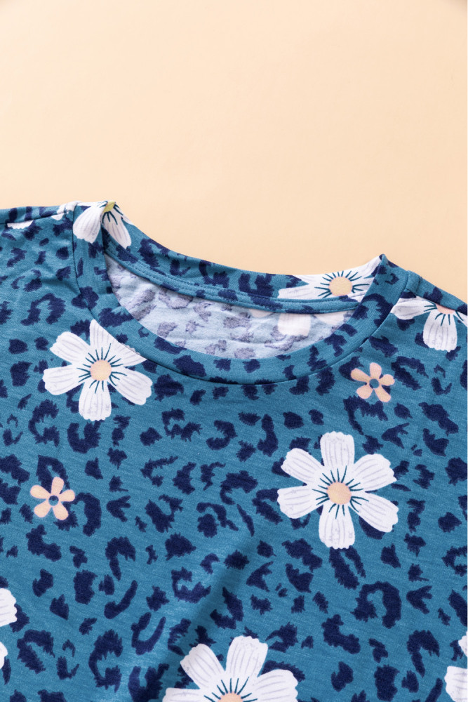 Floral T-shirt Womens Leopard Pattern Tee Tops