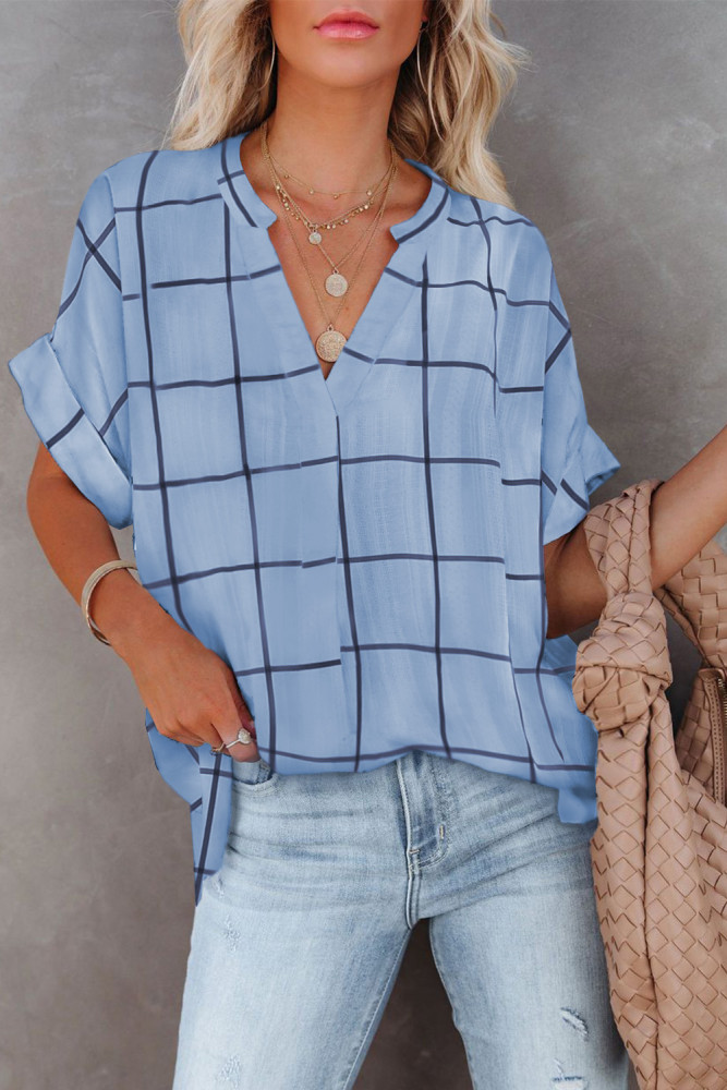 Striped Plaid Print Loose V Neck Short Sleeve Shirt with Slits