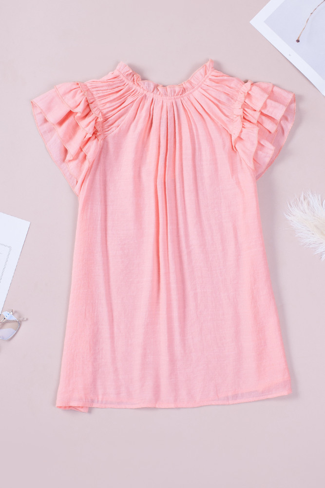 Ladies Tiered Ruffled Drawstring V Neck Blouse Top