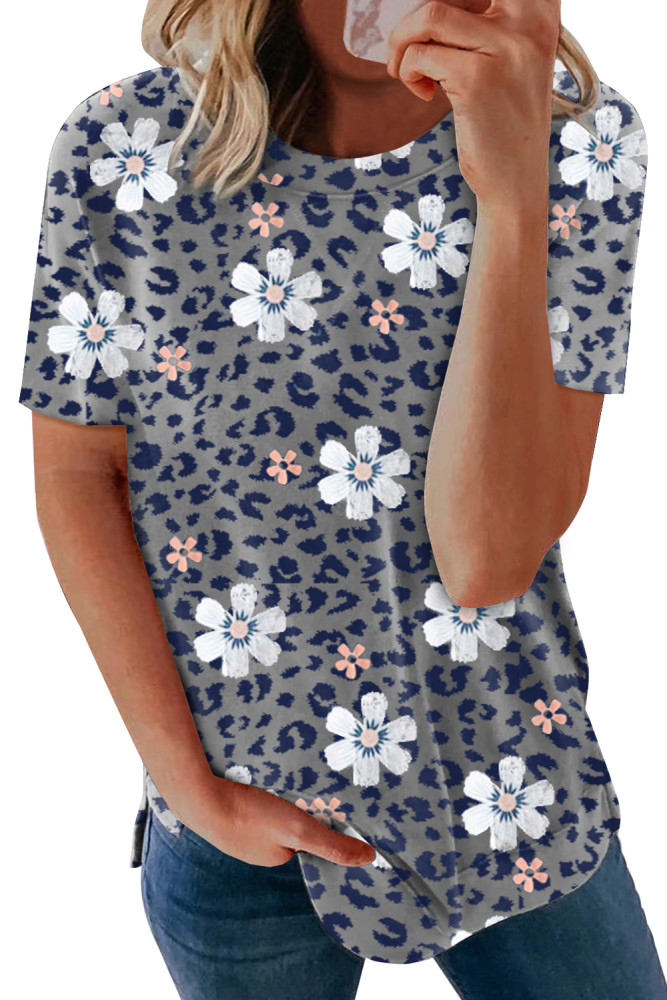 Floral T-shirt Womens Leopard Pattern Tee Tops