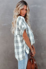 Striped Plaid Print Loose V Neck Short Sleeve Shirt with Slits