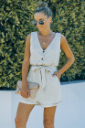 Women's V Neck Jumpsuits Sleeveless Romper Button Short Jumpsuit