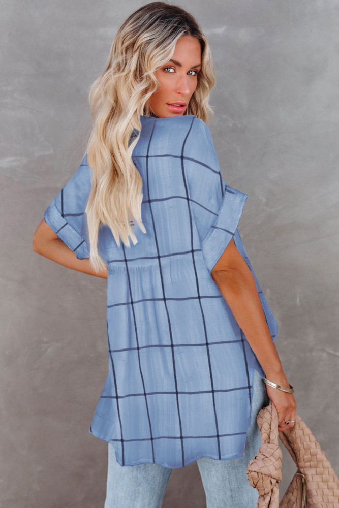 Striped Plaid Print Loose V Neck Short Sleeve Shirt with Slits