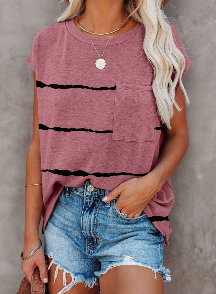 Womens Ombre Tie-dye Cap Sleeve T-Shirt with Pocket