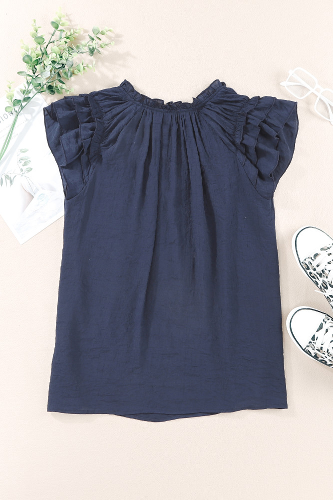 Ladies Tiered Ruffled Drawstring V Neck Blouse Top