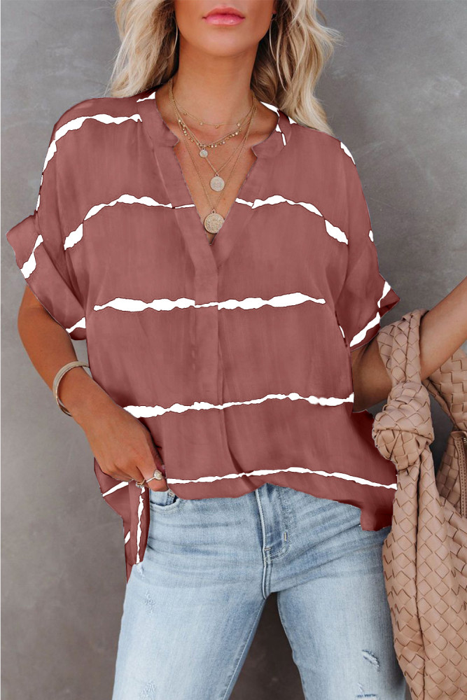 Striped Plaid Print Loose V Neck Short Sleeve Shirt with Slits