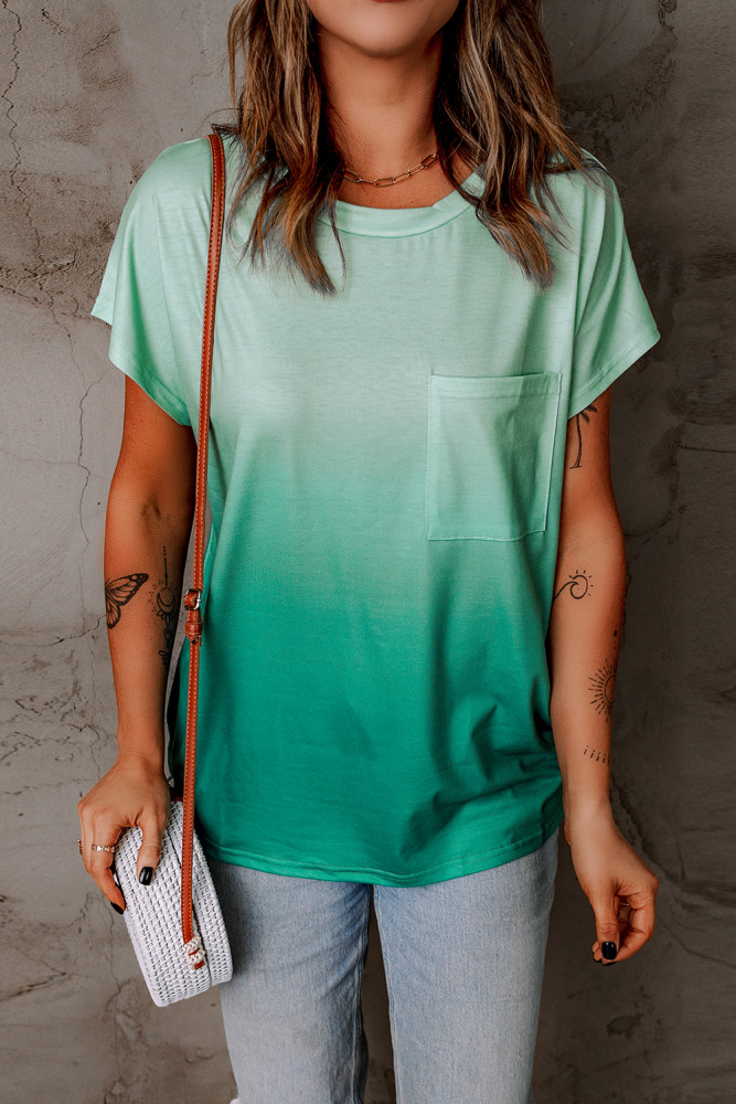 Womens Ombre Tie-dye Cap Sleeve T-Shirt with Pocket