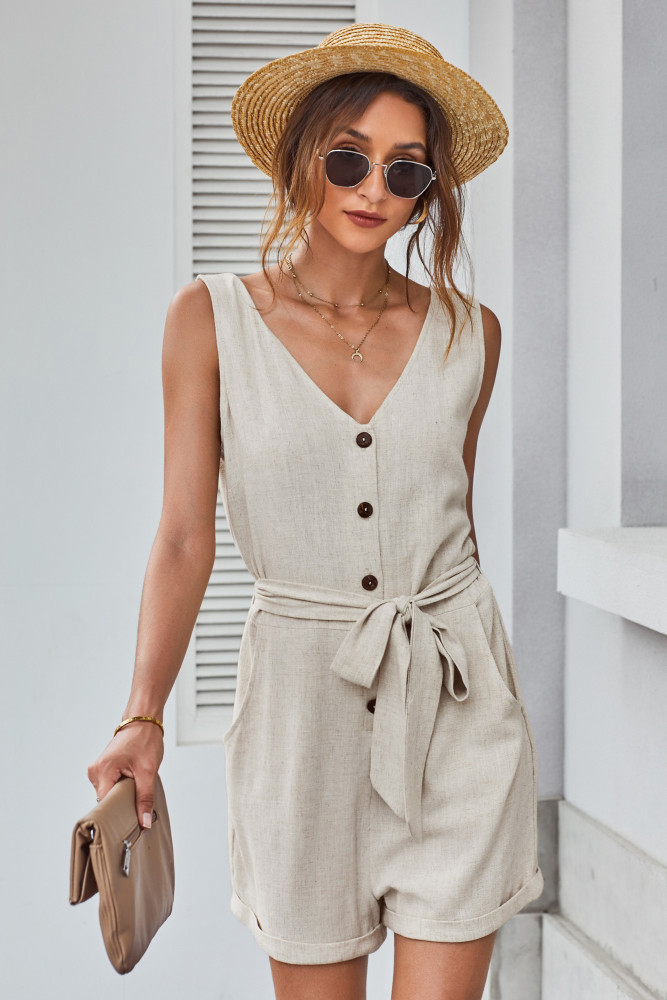 Women's V Neck Jumpsuits Sleeveless Romper Button Short Jumpsuit