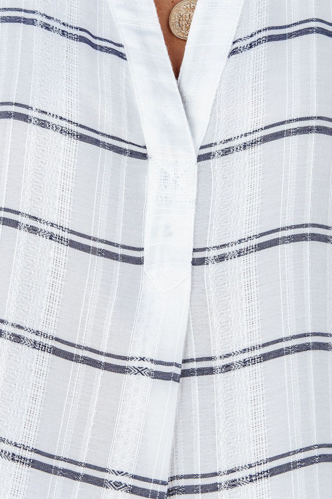 Striped Plaid Print Loose V Neck Short Sleeve Shirt with Slits