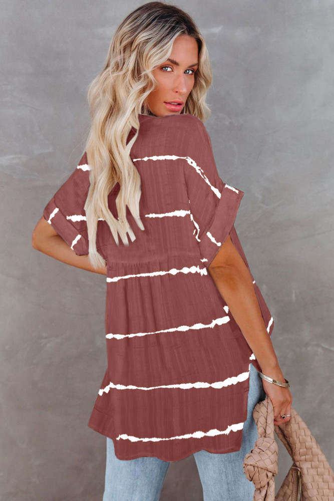 Striped Plaid Print Loose V Neck Short Sleeve Shirt with Slits