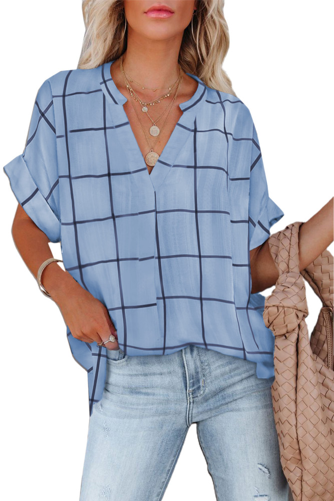 Striped Plaid Print Loose V Neck Short Sleeve Shirt with Slits