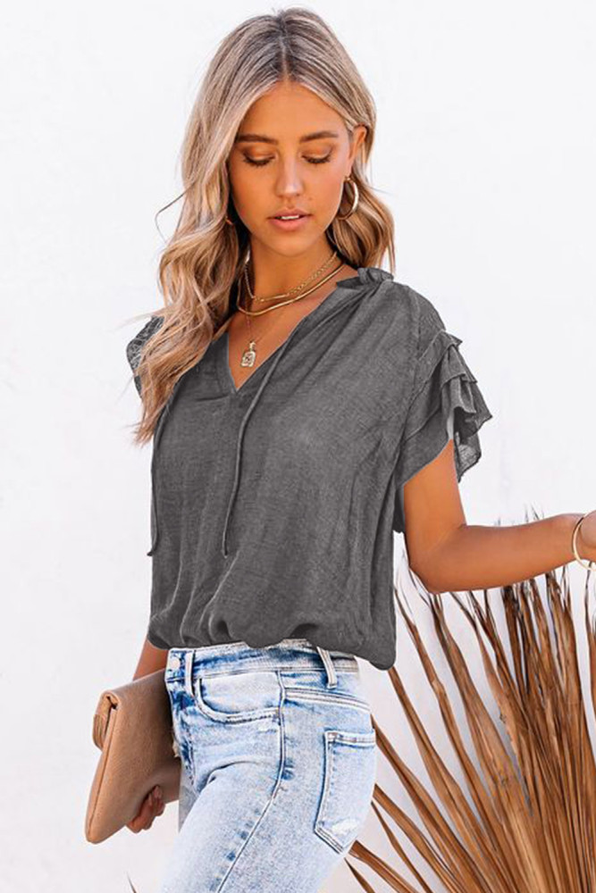 Ladies Tiered Ruffled Drawstring V Neck Blouse Top