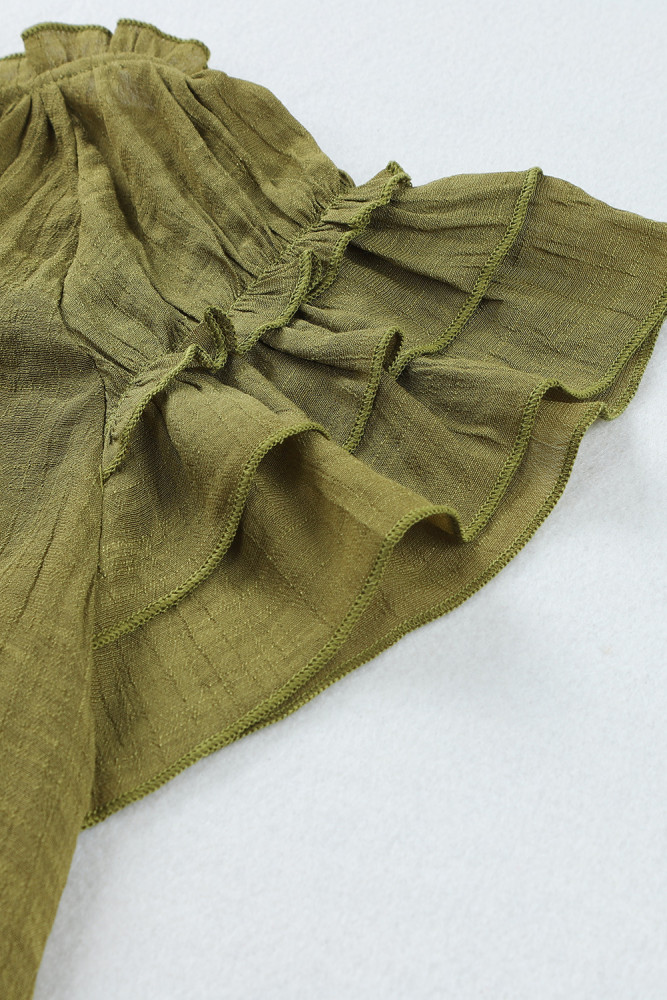 Ladies Tiered Ruffled Drawstring V Neck Blouse Top