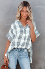 Striped Plaid Print Loose V Neck Short Sleeve Shirt with Slits