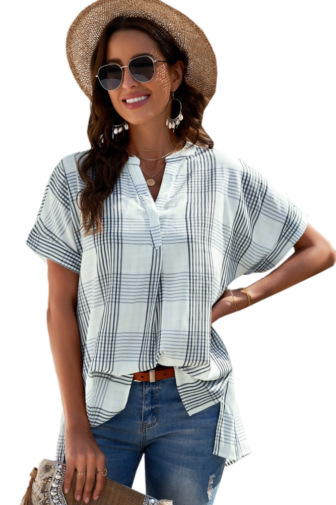 Striped Plaid Print Loose V Neck Short Sleeve Shirt with Slits