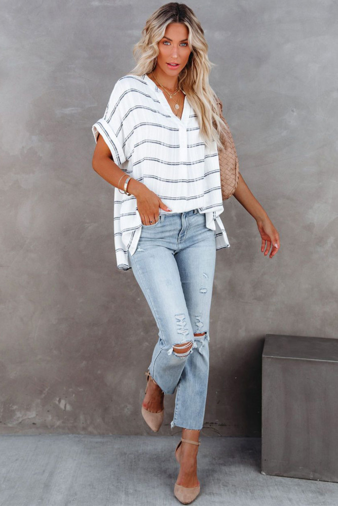 Striped Plaid Print Loose V Neck Short Sleeve Shirt with Slits