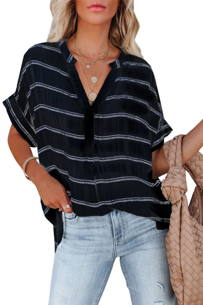 Striped Plaid Print Loose V Neck Short Sleeve Shirt with Slits