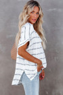 Striped Plaid Print Loose V Neck Short Sleeve Shirt with Slits