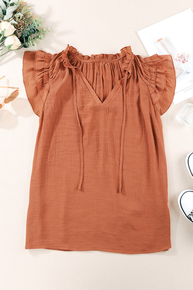 Ladies Tiered Ruffled Drawstring V Neck Blouse Top